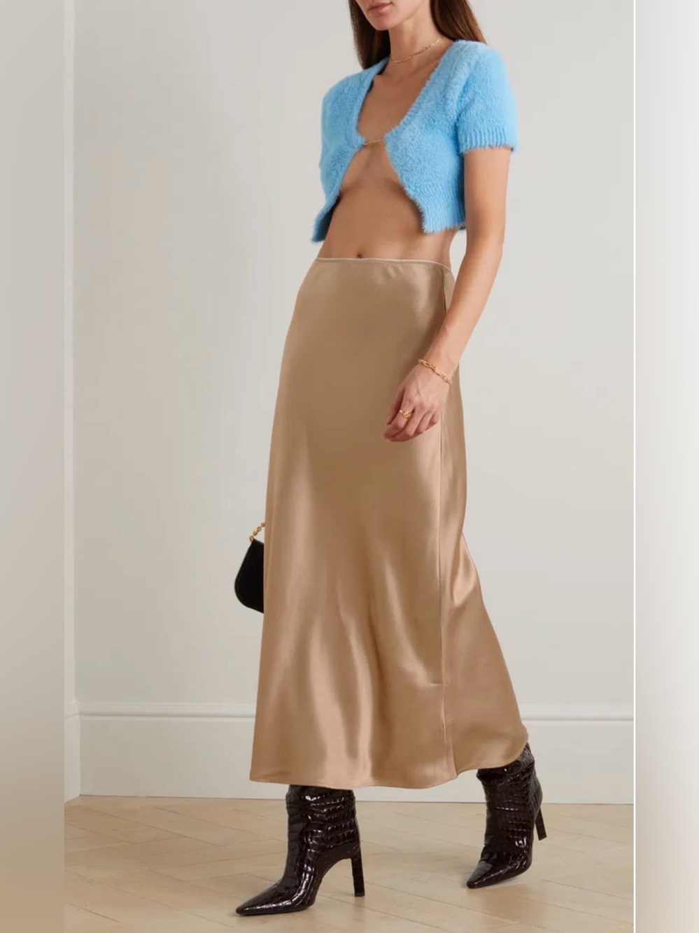 $195 REFORMATION Layla Camel Silk-Charmeuse Bias Cut Stretch Midi Maxi Skirt 6 M